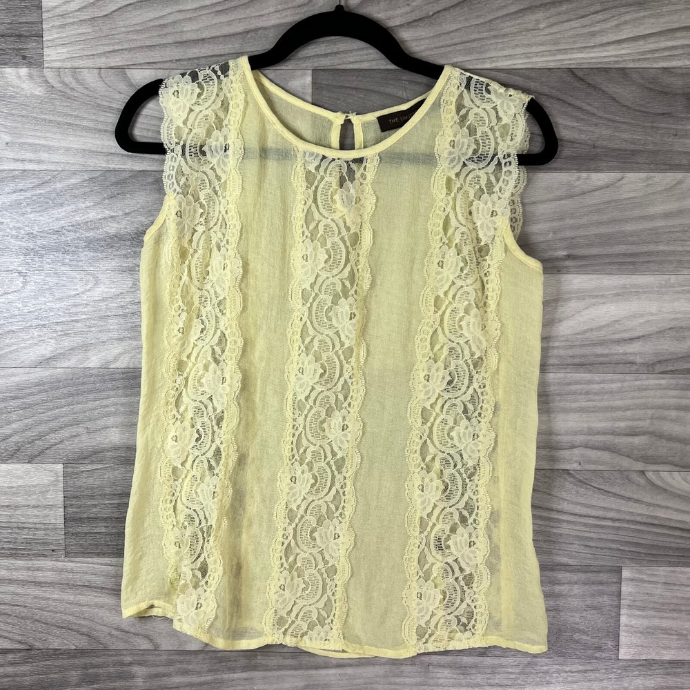 The Limited Blouse Womens XS Yellow Sleeveless Lace Button Sheer Round Neck Boho
